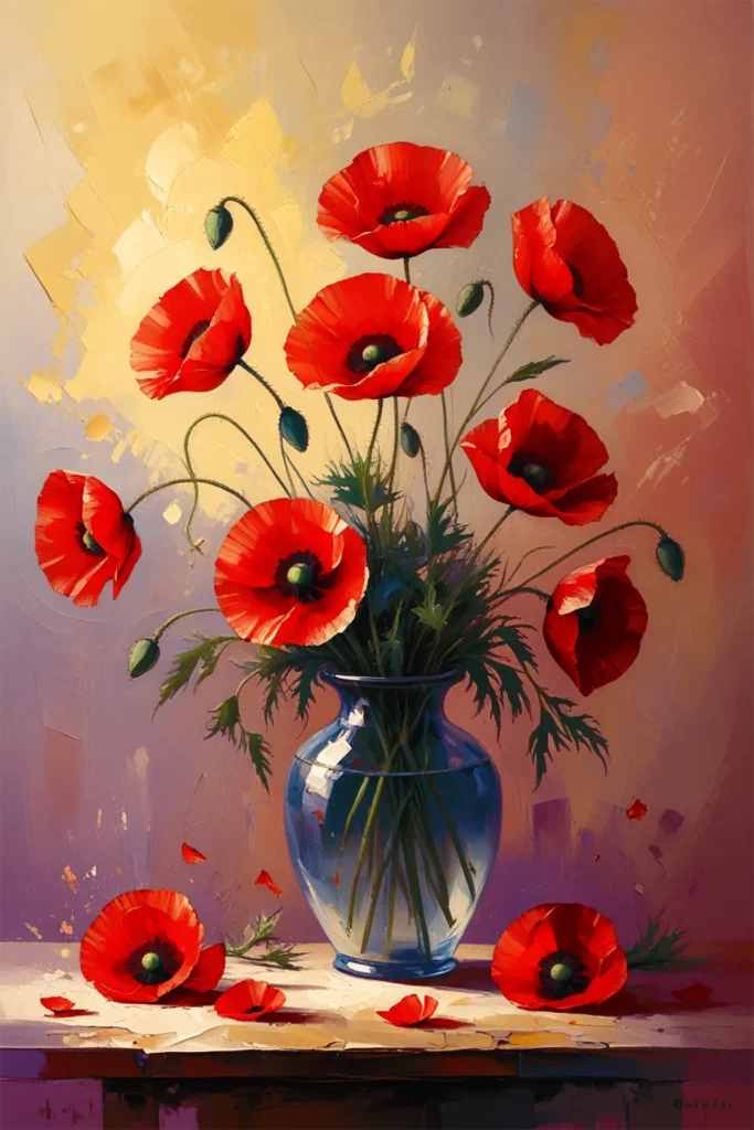 Textured oil painting of red poppies arranged in an ornate vase, dreamy golden-orange backdrop with impasto details and blurred petals