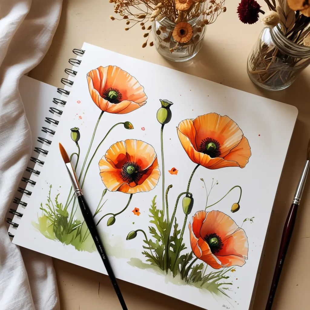 Watercolor poppies. Top view of an artist's desk with sketchbook, poppy sketches, and paintbrush in natural light.