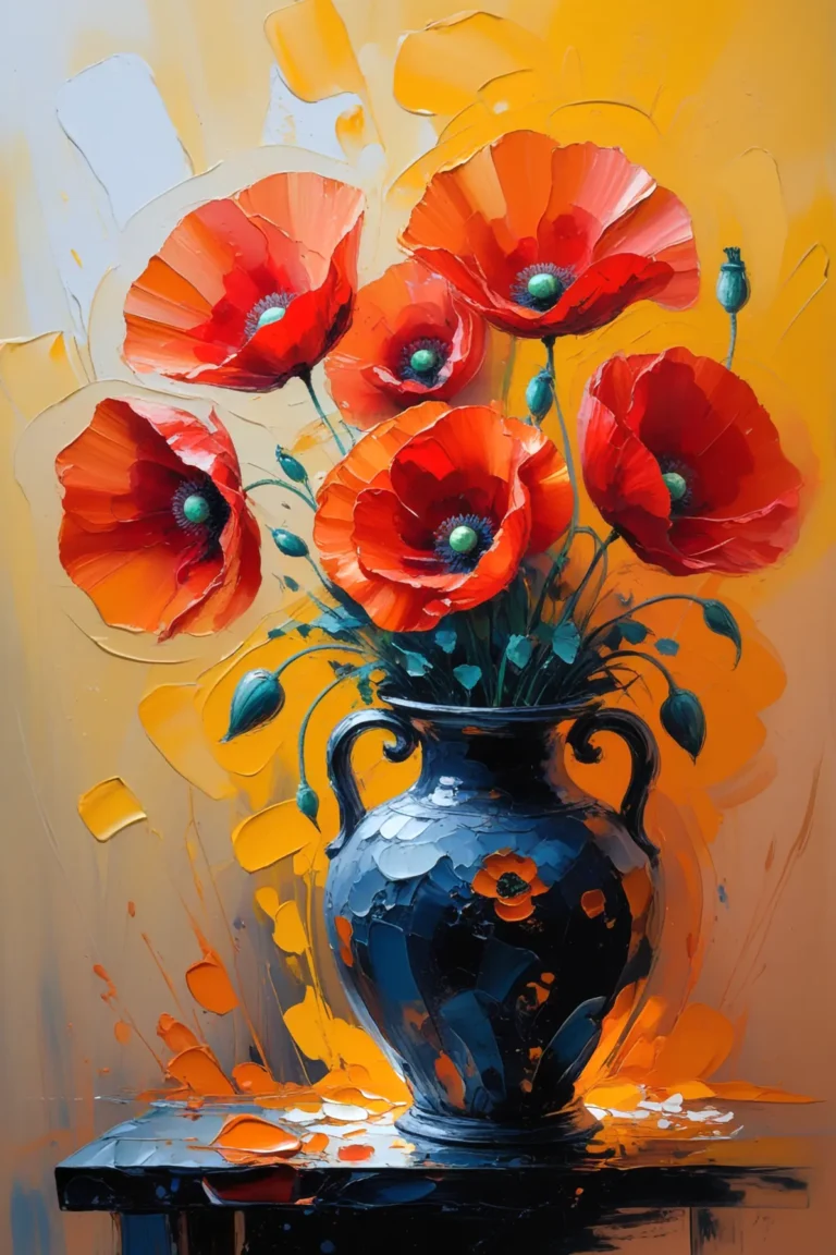 Bold red poppies in an ornate vase, impressionist-style oil painting with thick brushstrokes and warm yellow-orange background