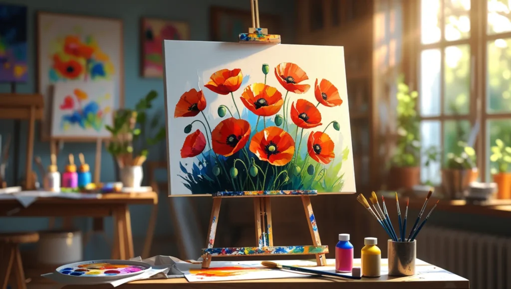 Art studio with canvas, acrylic paints, and a floral painting in progress on an easel.