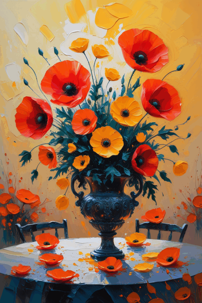 Impressionist oil painting of vivid red poppies in a decorative vase, set against a warm hazy yellow background with expressive brushstrokes