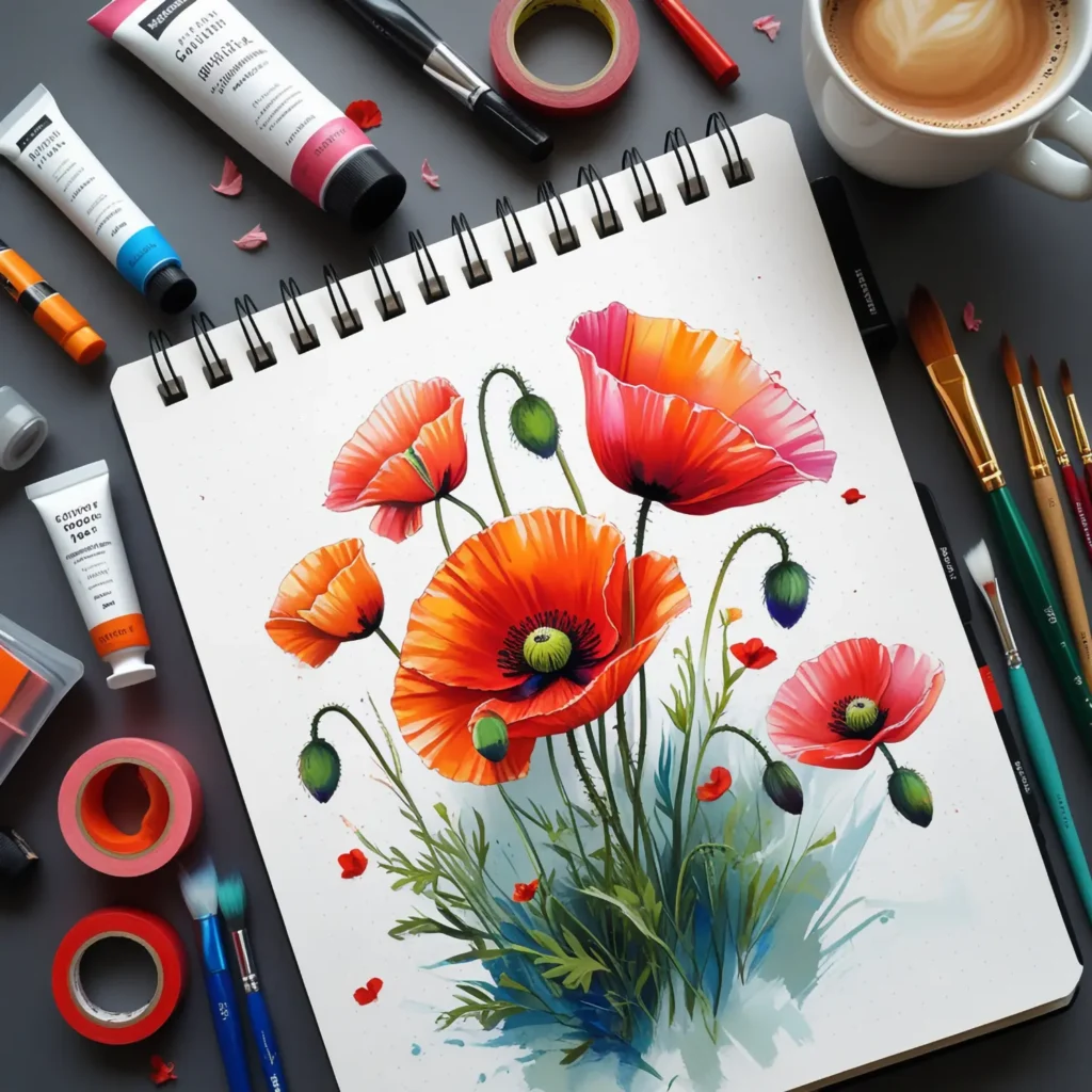 Flat lay of sketchbook with floral poppy painting ideas, art supplies, and cozy coffee vibes.