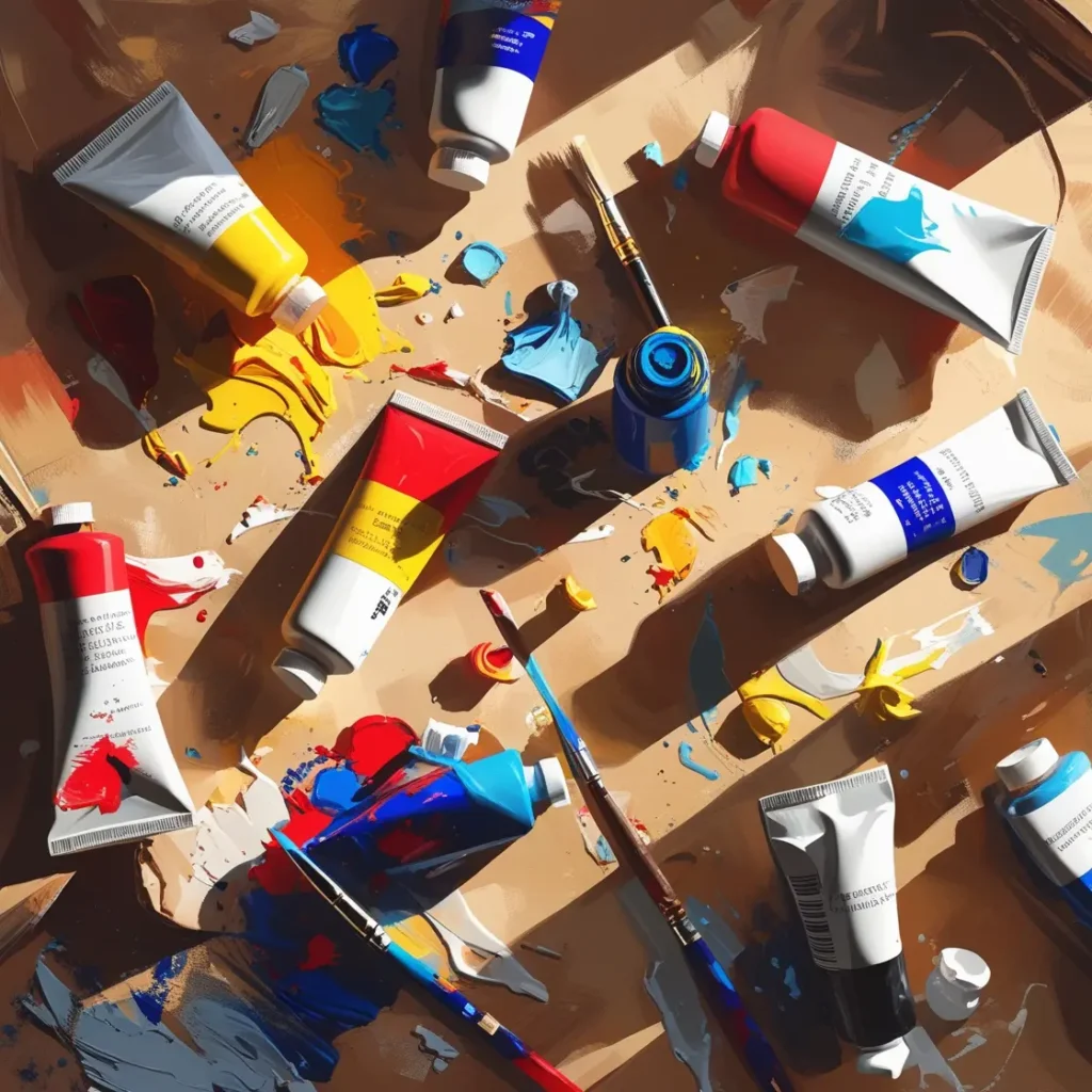 Acrylic paint tubes scattered across a wooden table — tools often used in acrylic painting tutorials.