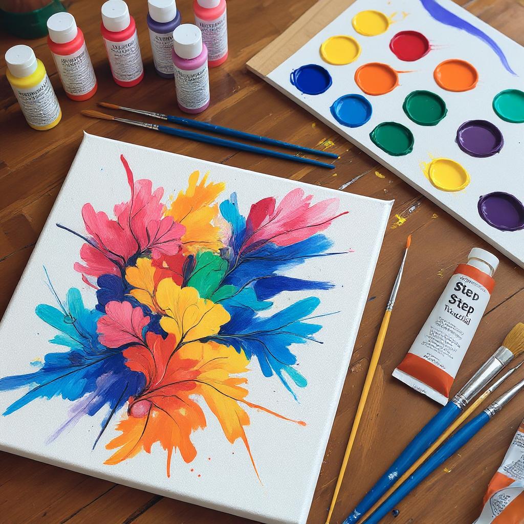 Acrylic abstract art painted on canvas on the wooden table surrounded by tubes and brushes.