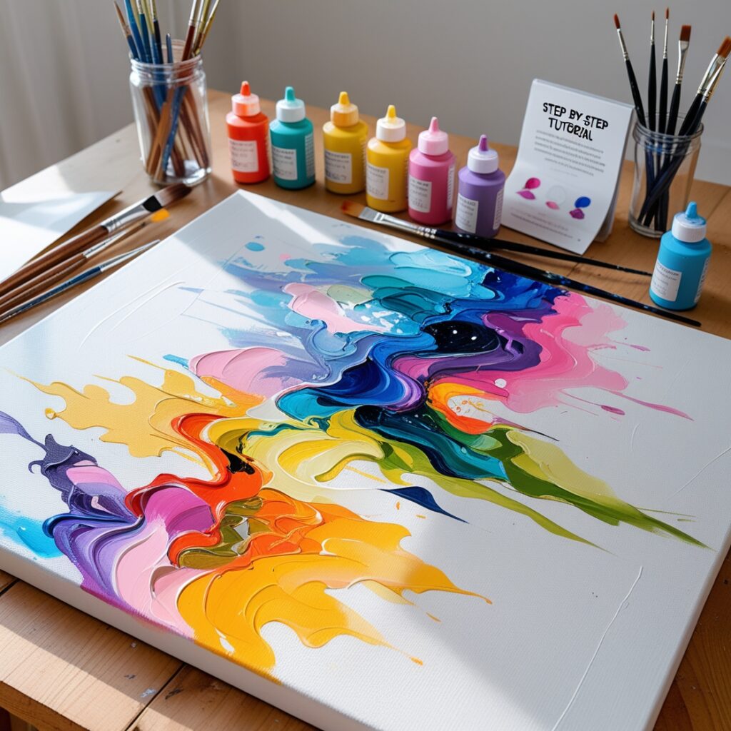 A colorful acrylic painting setup on a wooden table — canvas with abstract artwork in progress, paint tubes, brushes, and a step-by-step tutorial book or guide beside it. Bright lighting, clean artistic vibe.