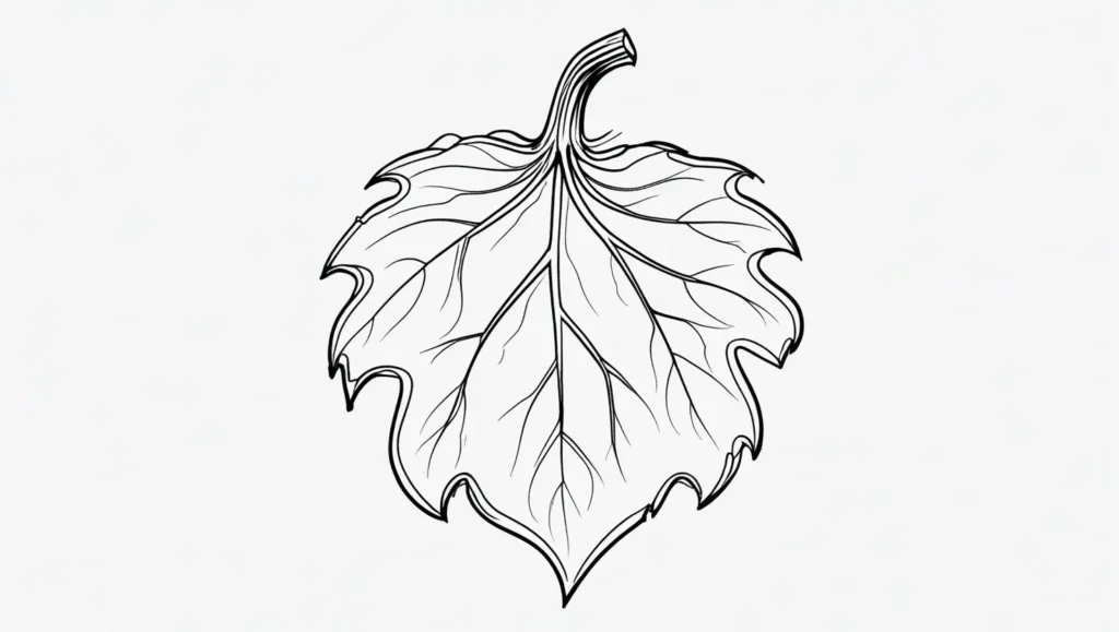 Pumpkin leaf outline drawing – simple black and white sketch with jagged edges and veins.