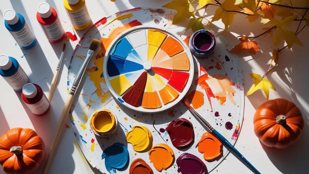 Acrylic color mixing setup with a color wheel, fall-toned paint swatches, tubes of red, yellow, and blue paint, and brushes on a cozy artist’s workspace.