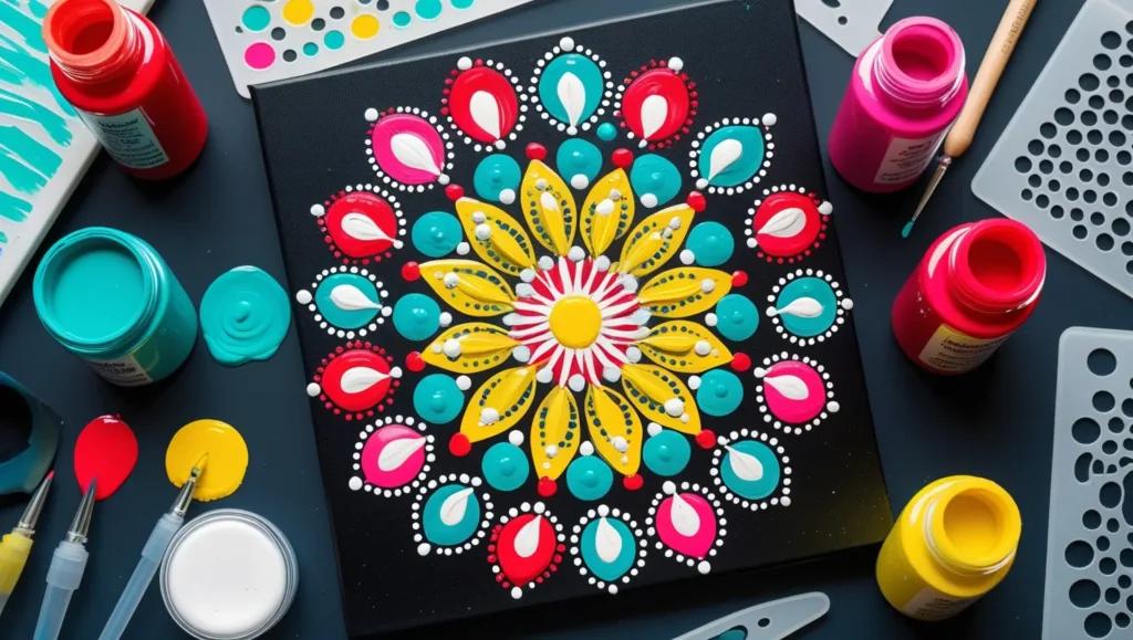 Vibrant mandala dot painting on black canvas with acrylic paints, stencils, and tools.