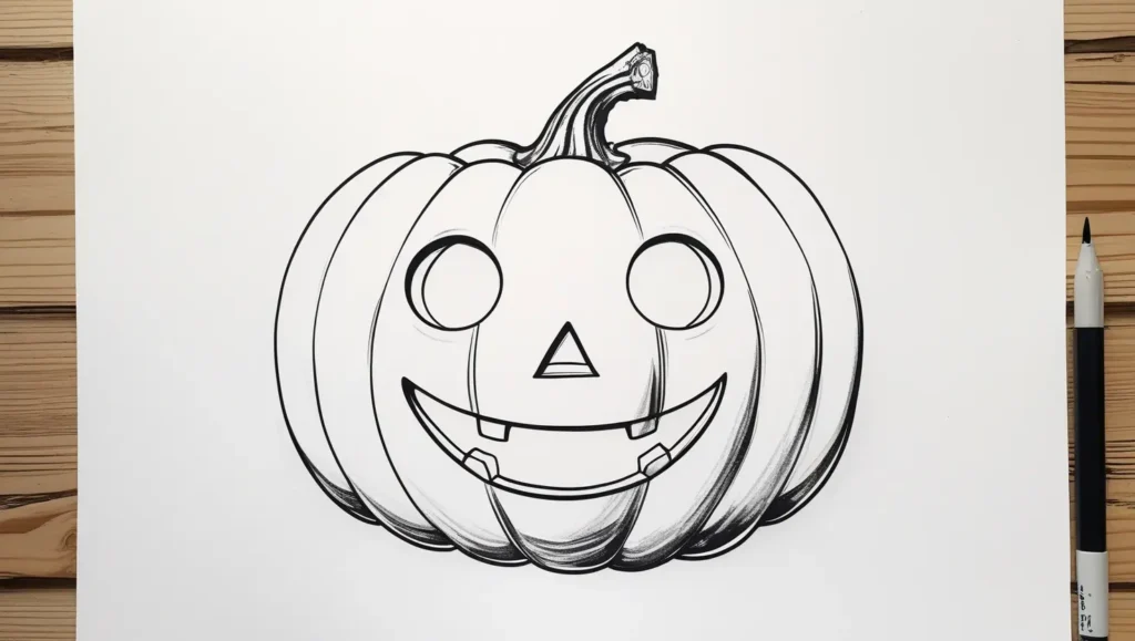 Pumpkin with face outlined in black ink.