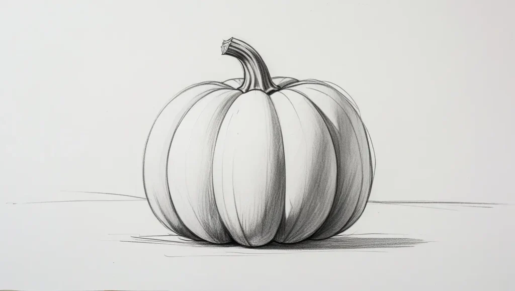 Outline sketch of a pumpkin on a white canvas, the first step of a pumpkin painting tutorial.