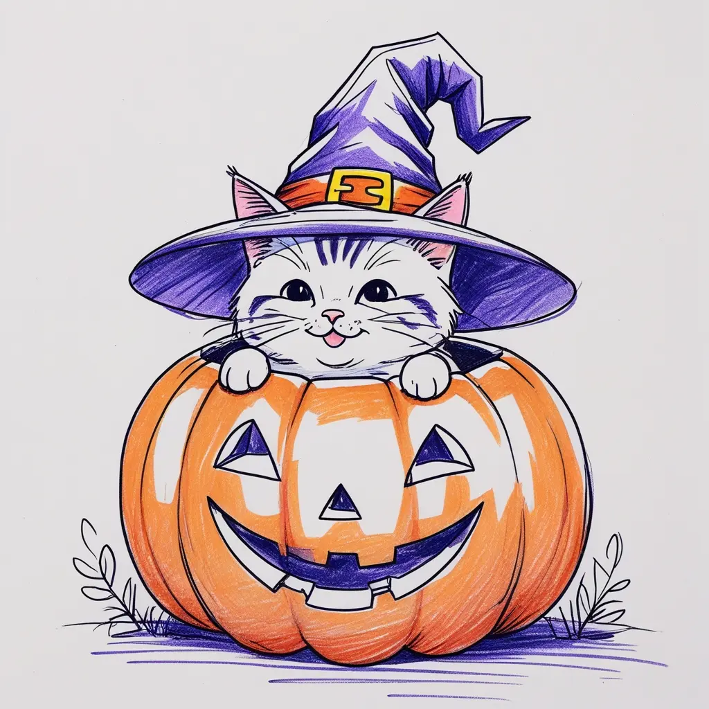 Hand-drawn Halloween pumpkin sketch with cat, colored pumpkin in orange and witch hat in purple, beginner-friendly fall drawing idea