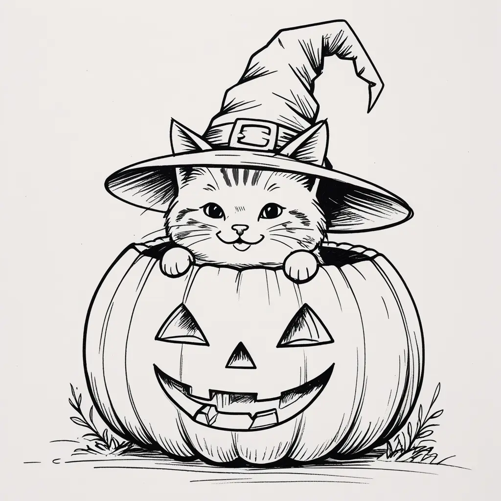 Hand-drawn Halloween pumpkin sketch with a cute cat wearing a witch hat, pencil outline on white paper, beginner-friendly fall drawing idea.