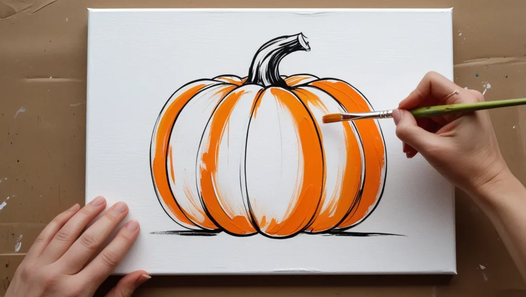 Adding orange base color to the pumpkin on canvas.