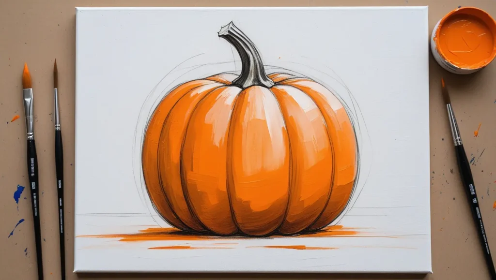 Finished pumpkin painting with stem and details on canvas.