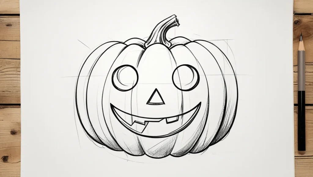 Pumpkin outline with cute face sketch.