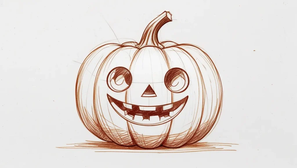 Colored pumpkin with green stem and black face.