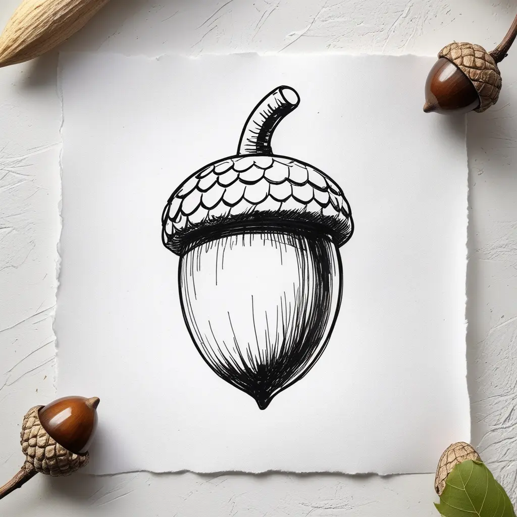 Completed hand-drawn acorn sketch with pencil outline, step three of easy acorn drawing tutorial on white paper.