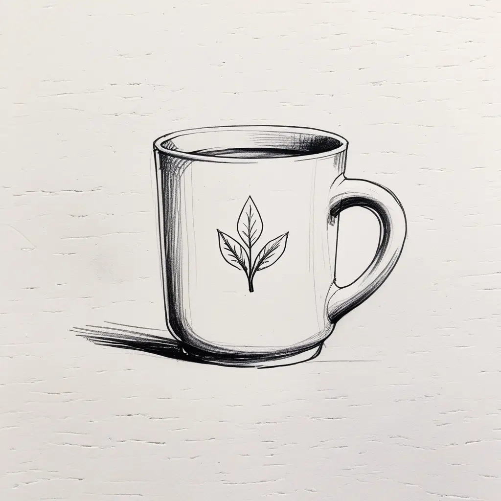 Hand-drawn mug sketch with added autumn leaves, easy fall drawing on white paper.
