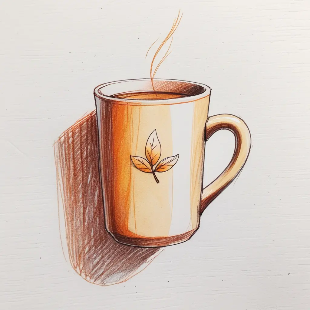 Orange-colored mug drawing with autumn leaves, cozy fall art idea on white background.