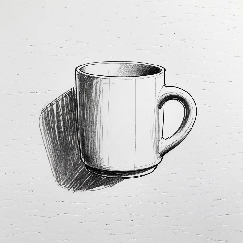 Simple hand-drawn pencil sketch of a mug on white paper, beginner fall drawing idea