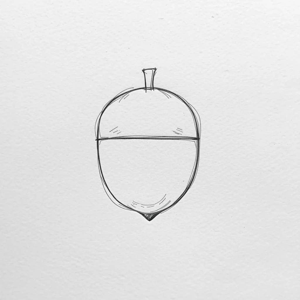 Simple hand-drawn sketch of an acorn, first step with only an oval and a cup shape, on white paper background.