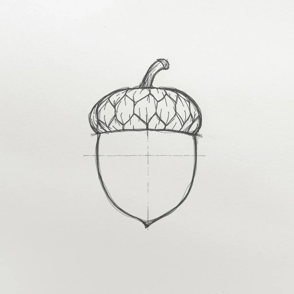 Hand-drawn acorn sketch with oval, cup, and added stem with guiding lines, step two of acorn drawing tutorial.