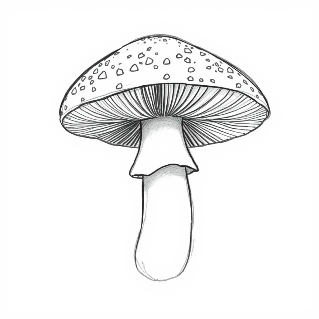 Detailed mushroom drawing โ hand-drawn sketch with textured mushroom cap on white paper