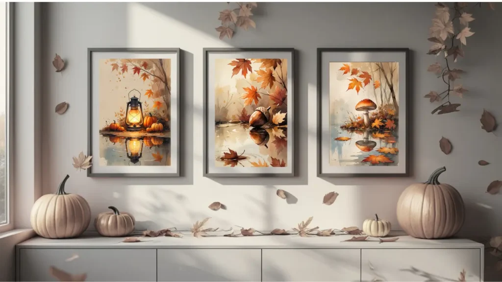 Cozy autumn printable wall art set featuring watercolor lantern, acorn, and mushroom illustrations framed on a neutral wall with warm fall décor and pumpkin accents.