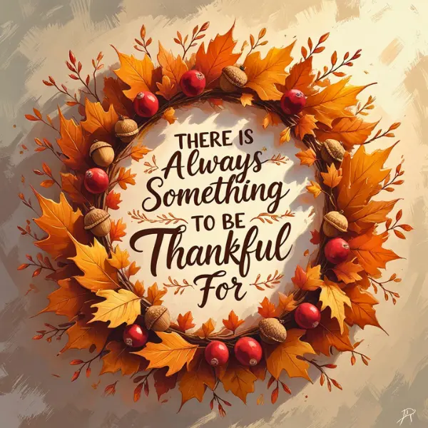 Watercolor wreath with fall leaves and quote There is Always Something to Be Thankful For.