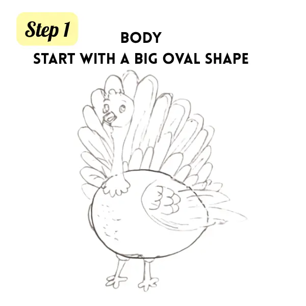 Step 1 how to draw a turkey step by step — simple pencil sketch showing body and head shapes