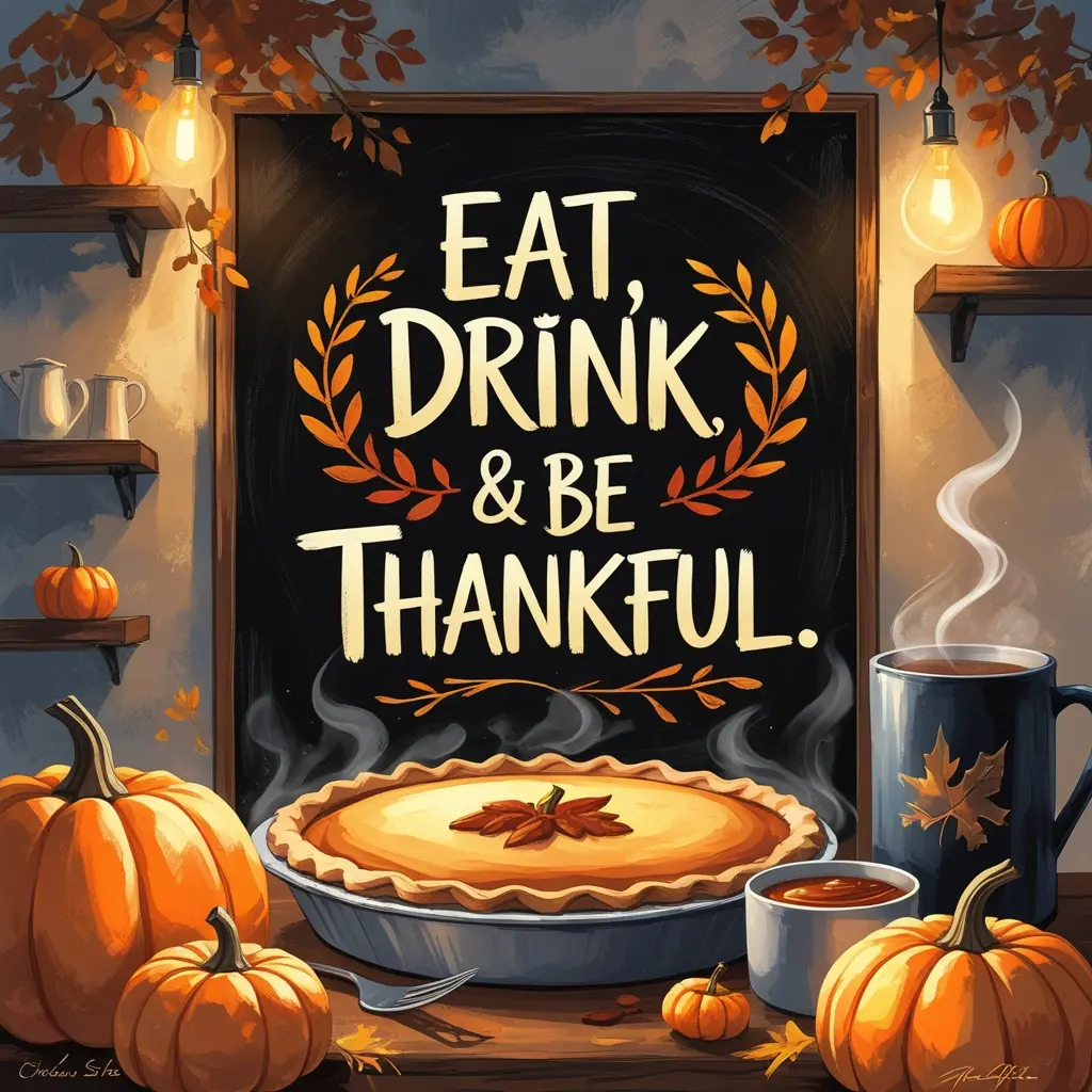 Chalkboard Thanksgiving quote art Eat Drink & Be Thankful with painted pumpkins, pie, and mugs.