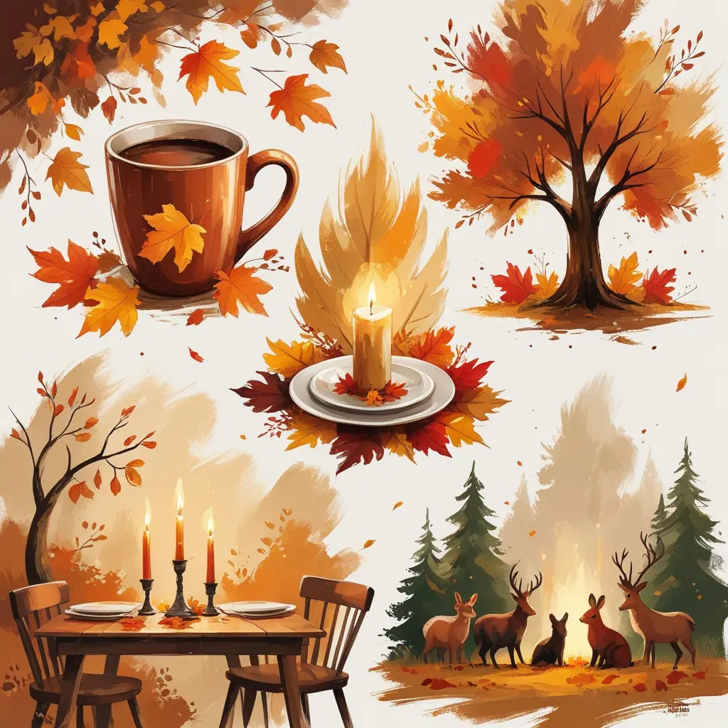 Cozy Thanksgiving painting collage with 5 hand-painted scenes including a cozy mug with autumn leaves, thankful tree, candlelit table, abstract fall colors, and forest animals gathering β warm autumn colors, visible brush strokes, perfect inspiration for Thanksgiving painting ideas and fall art projects.