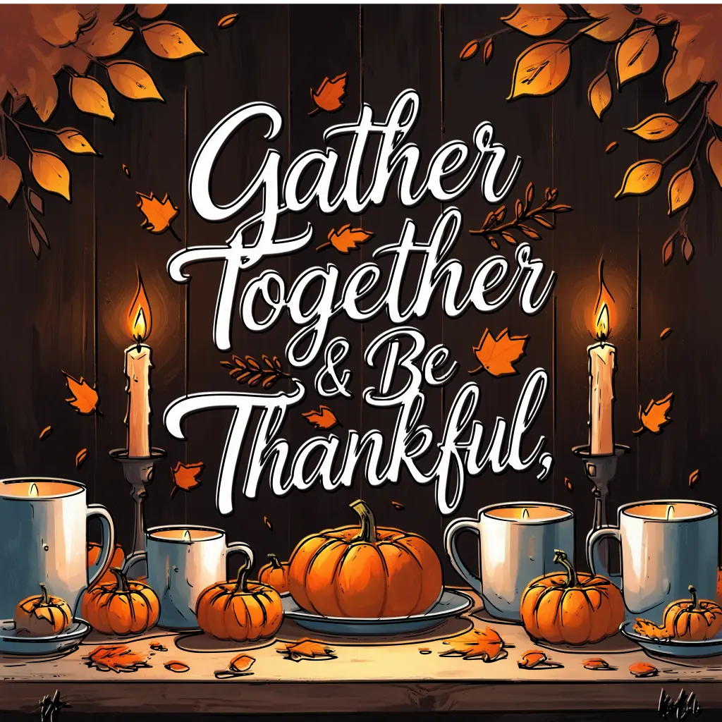 Cozy Thanksgiving painting with quote Gather Together & Be Thankful, surrounded by candles, mugs, and pumpkins.