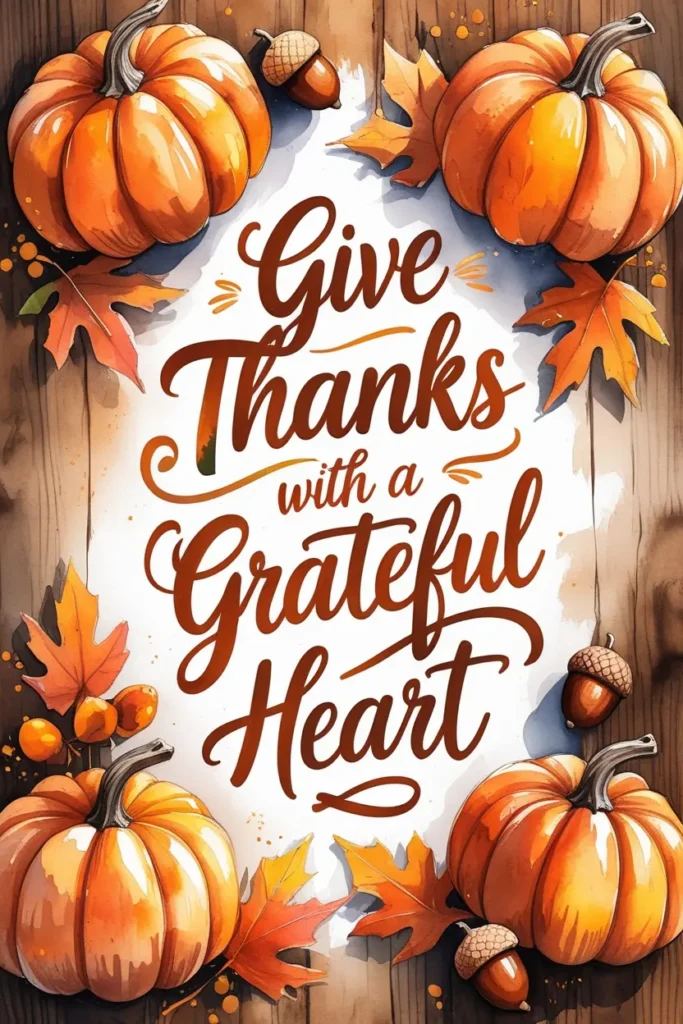 Hand-painted Thanksgiving quote art ‘Give Thanks with a Grateful Heart’ with pumpkins and leaves in warm fall colors.