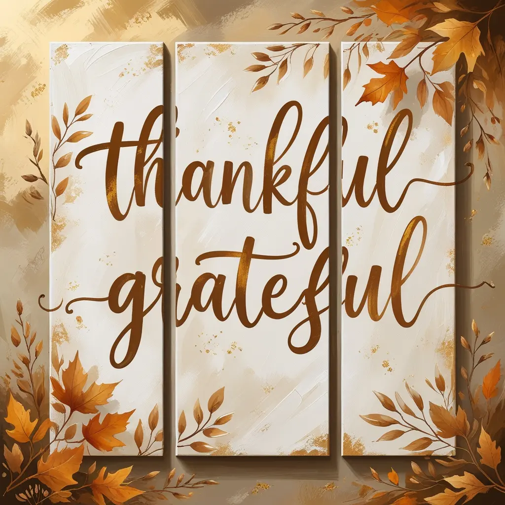 Minimalist Thanksgiving wall art triptych with Thankful Grateful Blessed in beige and gold tones.