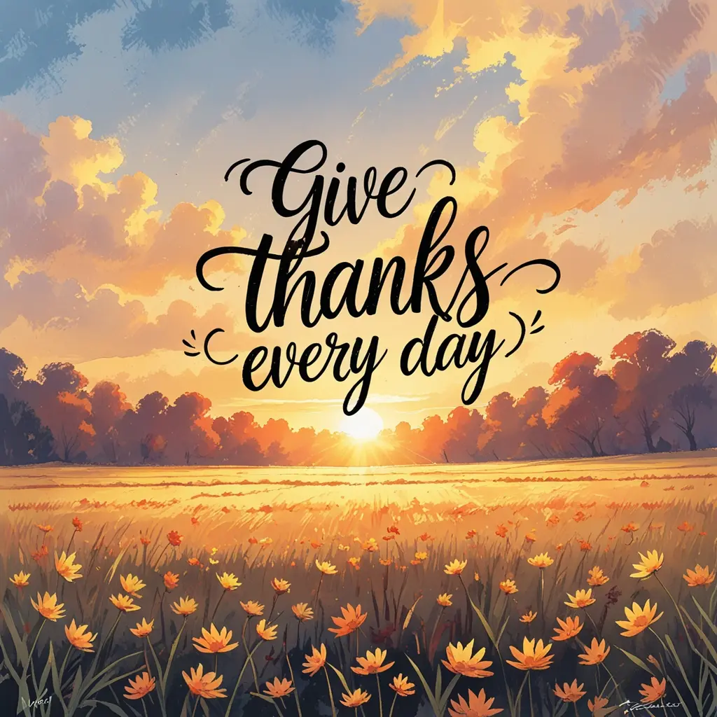 Watercolor painting of autumn sunrise with the quote Give Thanks Every Day.