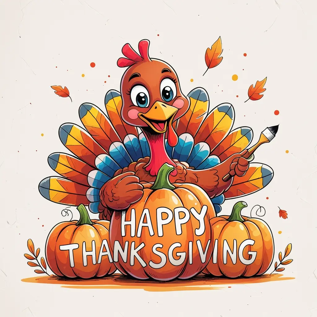 Cute Thanksgiving doodle art with turkey painting pumpkins spelling Happy Thanksgiving.