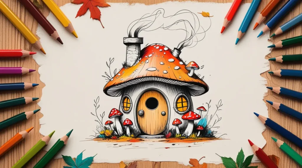 A cozy interpretative pencil sketch of a small woodland mushroom house with a rounded door and smoking chimney, surrounded by tiny mushrooms and colorful autumn leaves.