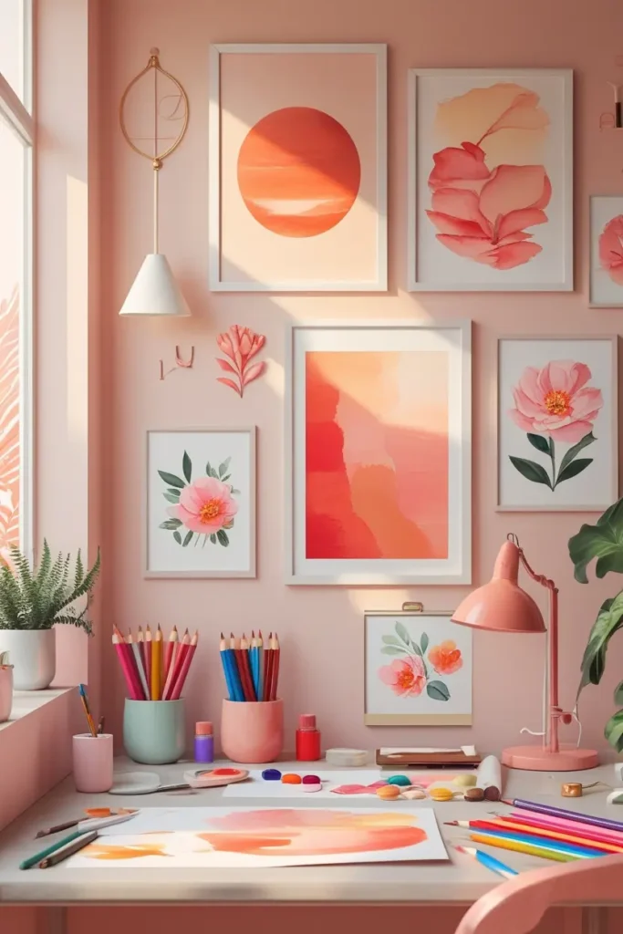 Cozy creative workspace with printable wall art, colorful pencils, and paints on a desk — warm tones with coral and peach accents, artistic and feminine style.