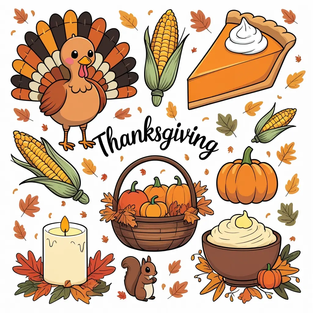 Thanksgiving doodles hand-drawn illustration sheet featuring cute turkey, pumpkin pie slice, corn on the cob, harvest basket, cozy candle, squirrel with acorn, and mashed potato bowl โ fun and easy Thanksgiving drawing ideas.