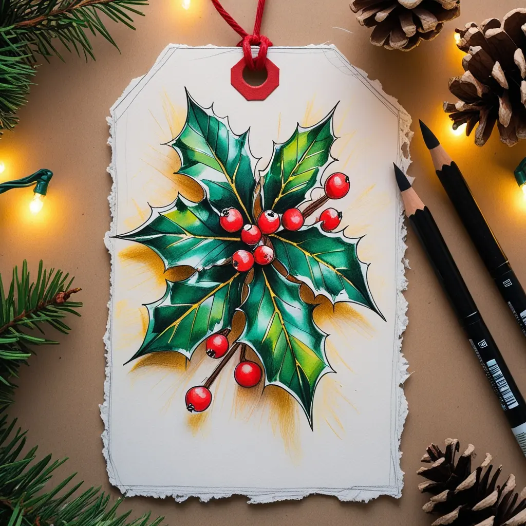 cozy christmas gift tag surrounded by pinecones and Christmas lights