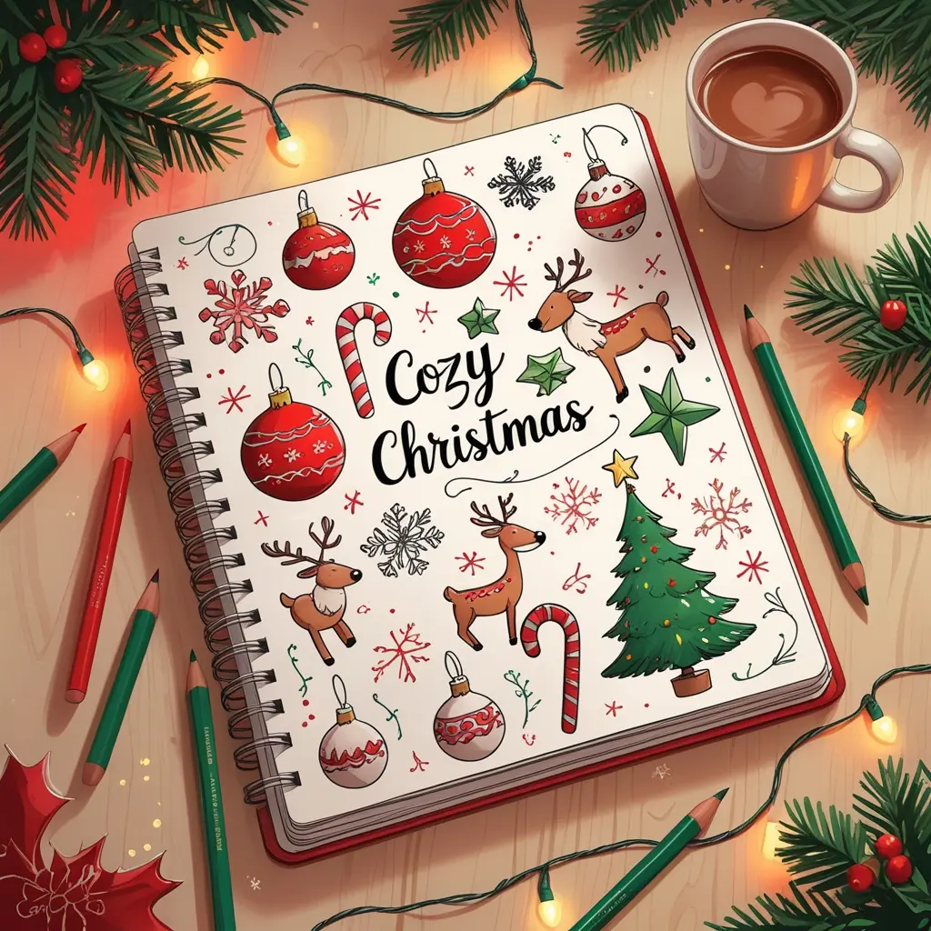 Cozy Christmas sketchbook scene with cute hand-drawn doodles like ornaments, reindeer, and snowflakes on a wooden table with fairy lights and cocoa.