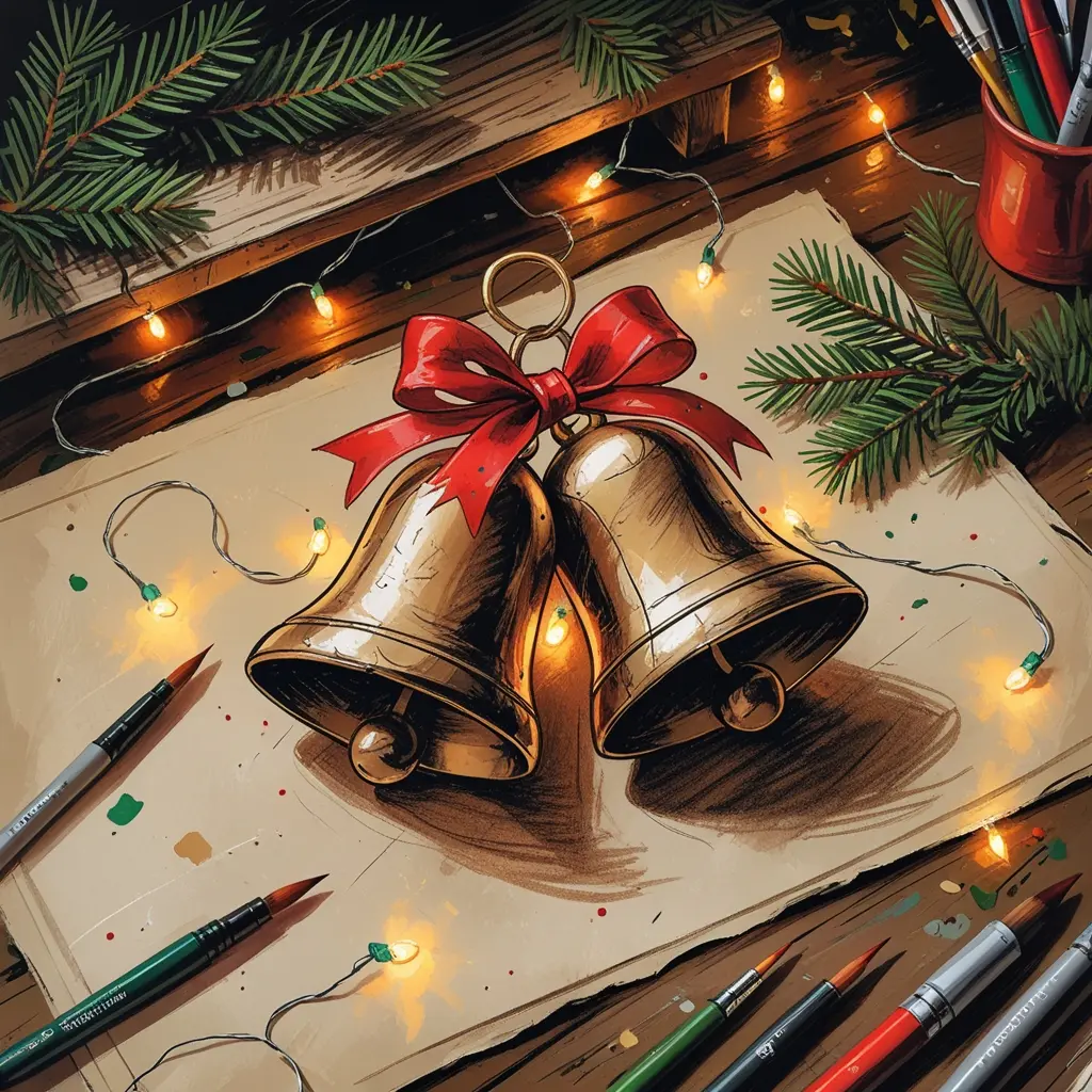 Hand-drawn cozy Christmas scene with bells, pine branches, fairy lights, and scattered acrylic markers on a rustic wooden desk, festive and warm.