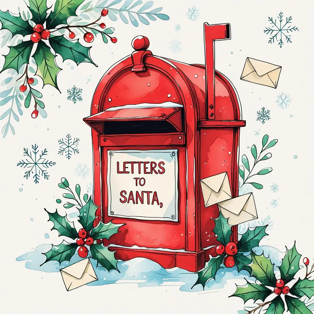 Cute hand-drawn Santa’s mailbox with snowflakes, holly leaves, and tiny letters, in pencil sketch and watercolor style.