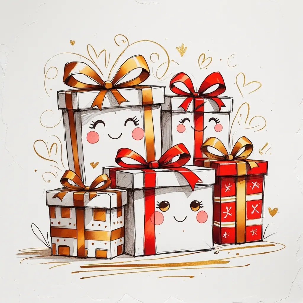 Cute Christmas presents doodle with smiling faces and ribbons, visible pencil sketch and watercolor details, playful festive drawing.