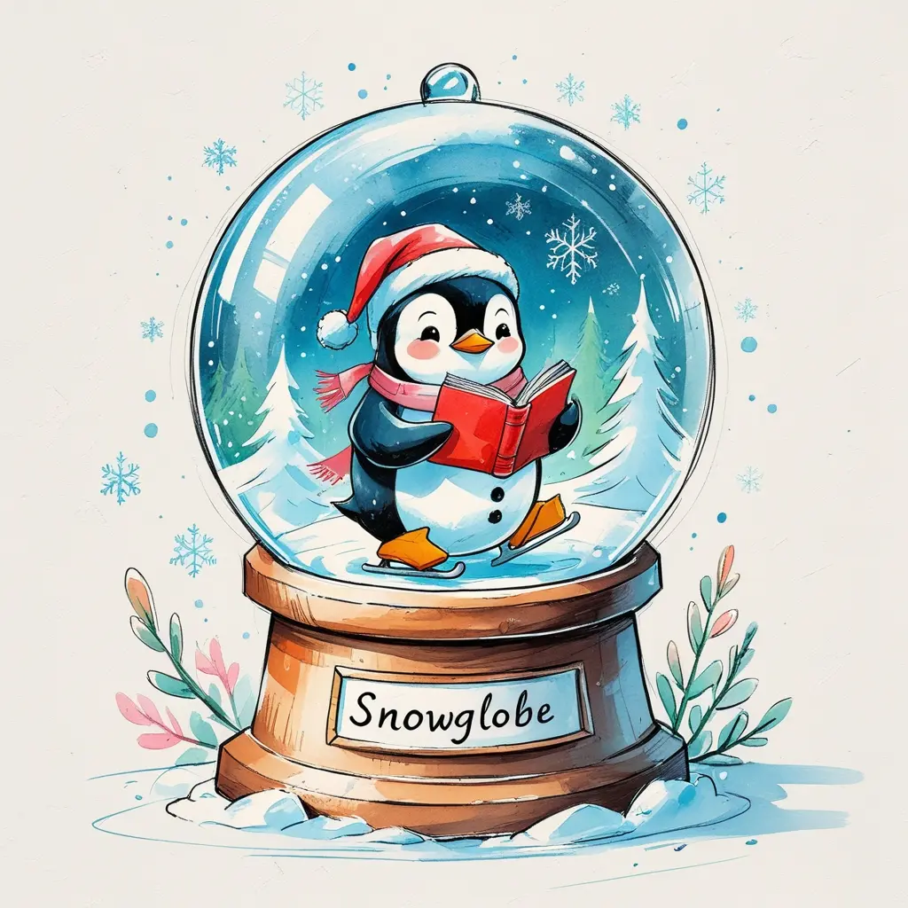 Hand-drawn Christmas snowglobe with a cute penguin ice-skating inside, visible pencil lines and soft watercolor texture, cozy holiday illustration.