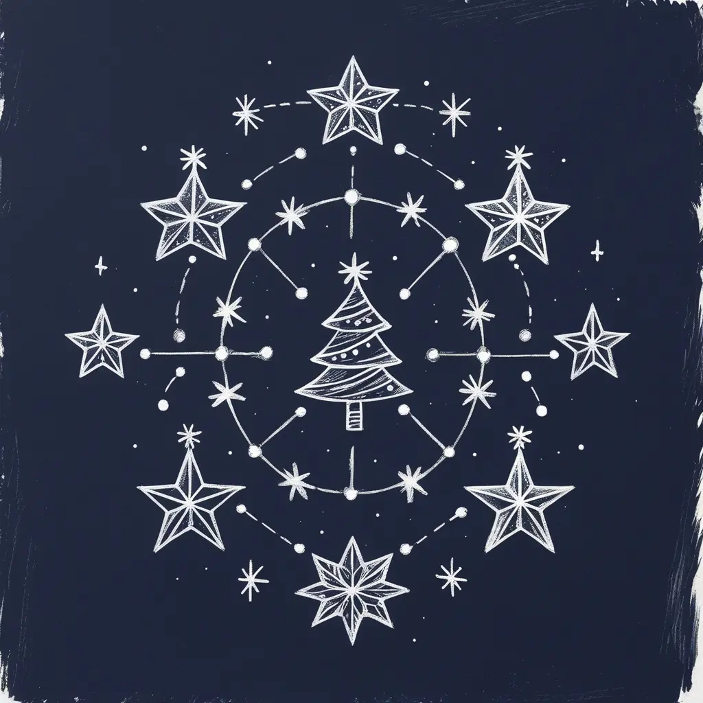 Minimalist doodle of stars forming Christmas icons like reindeer and tree, drawn with white pen effect on dark navy background, magical night-sky illustration.