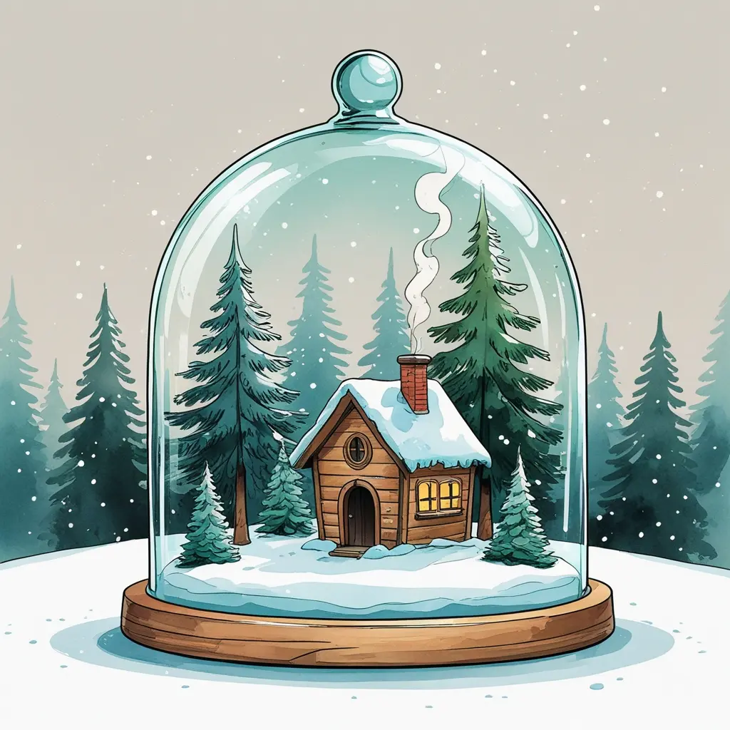 Hand-drawn winter scene in a glass jar illustration with pine trees, snow, and a small wooden cabin. Pencil sketch lines with soft watercolor shading, cute Christmas doodle style.