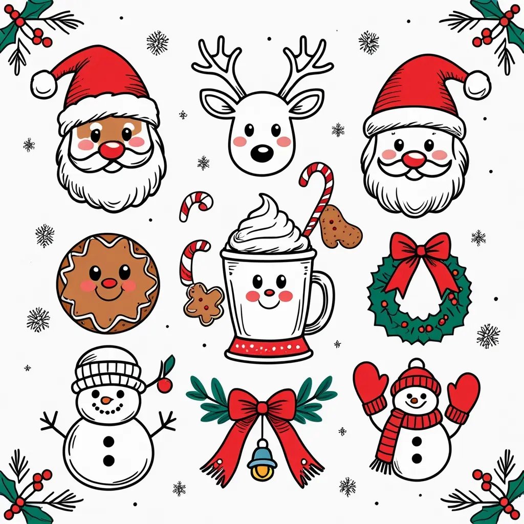 Black-and-white doodle sheet with 8 cute Christmas drawings — Santa hat, reindeer, gingerbread cookie, mug, wreath, bell, mitten, and snowman — in fine liner sketch style.