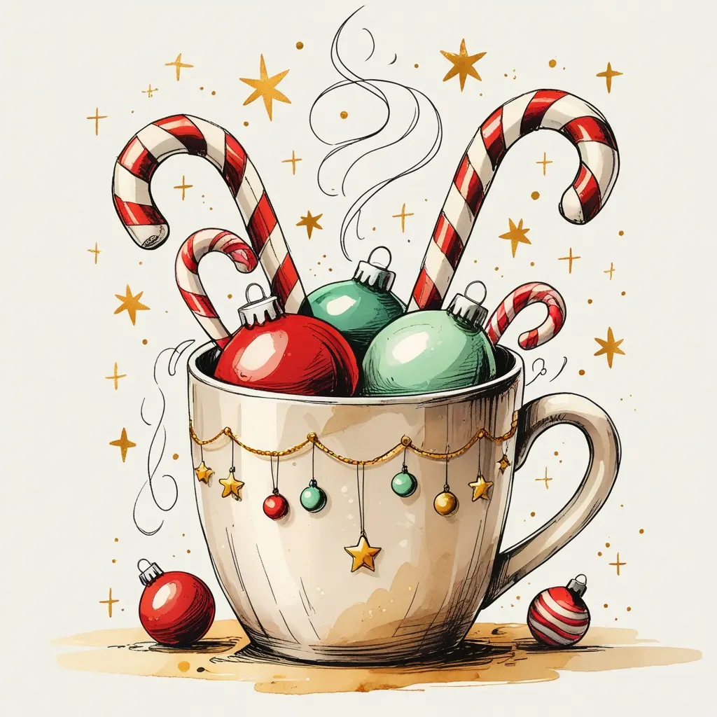Whimsical hand-drawn Christmas doodle of a steaming mug filled with ornaments, candy canes, and stars. Pencil sketch style with soft watercolor texture, cute and festive illustration.